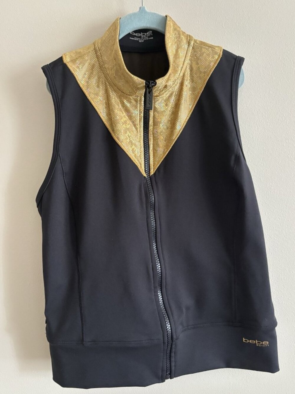 Bebe Sport Spandex Jacket Sleeveless‎ Cropped Zip Black Gold Y2K Small